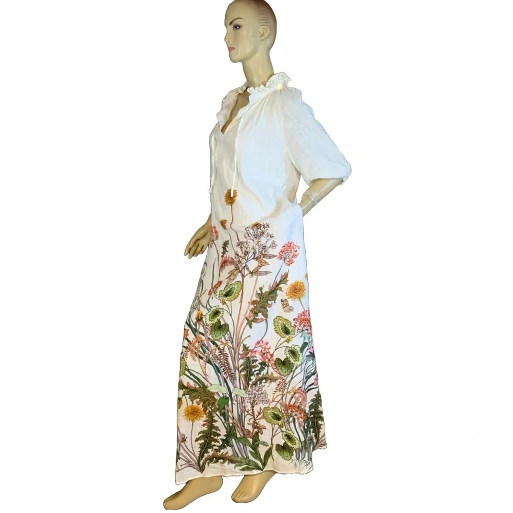 I.N.C. CREAM & GREEN BOTANICAL PRINT KAFTAN STYLE MAXI DRESS NWT (M) - Picture 4 of 13
